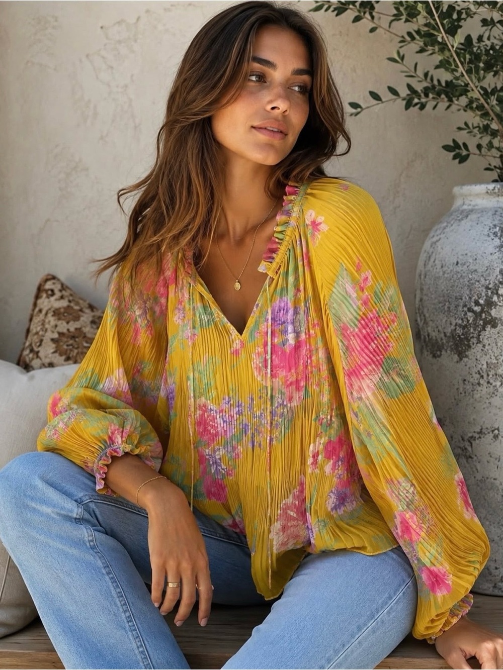Current Air Yellow Floral Pleated V-Neck Blouse